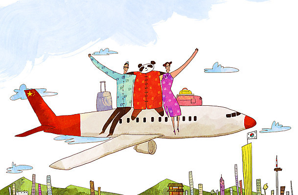 전신 PSD 여자 남자 여행 일러스트 비행기 중국인 여행객 태극기 판다 오성홍기 남산 63빌딩 유커 국내일러스트 외국인 곰 항공교통 대중교통 서울 사람 동양인 빌딩 중국 국기 랜드마크 파일형식