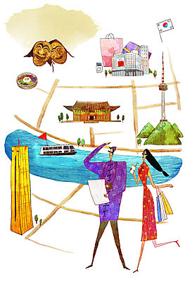 PSD 여자 남자 여행 지도 일러스트 한옥 두명 쇼핑 쇼핑백 중국인 여행객 태극기 유람선 치파오 한강 비빔밥 하회탈 백화점 남산 63빌딩 유커 국내일러스트 외국인 한국전통 한식 고건축 배_교통 가방 서울 사람 동양인 빌딩 상점 국기 전통의상 탈 랜드마크 파일형식