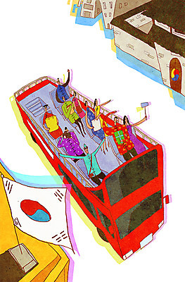 PSD 여자 남자 여행 일러스트 여러명 관광지 중국인 여행객 치파오 이층버스 관광버스 유커 국내일러스트 외국인 다수 버스 사람 동양인 전통의상 파일형식