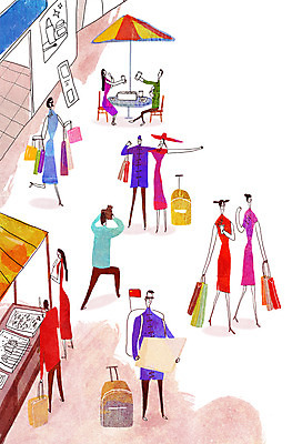 PSD 여자 남자 여행 일러스트 거리 여러명 쇼핑 쇼핑백 중국인 여행객 오성홍기 유커 국내일러스트 외국인 다수 가방 사람 동양인 중국 국기 파일형식