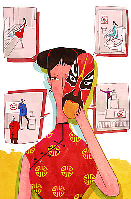 PSD 여자 남자 여행 말풍선 일러스트 가면 중국인 여행객 금지 치파오 세면대 유커 국내일러스트 외국인 사람 동양인 전통의상 파일형식