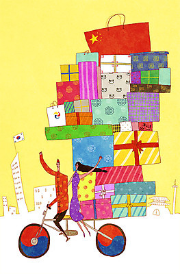 PSD 여자 남자 여행 일러스트 선물상자 쇼핑 쇼핑백 중국인 여행객 태극기 치파오 오성홍기 유커 국내일러스트 외국인 가방 선물 사람 동양인 상자 중국 국기 전통의상 파일형식