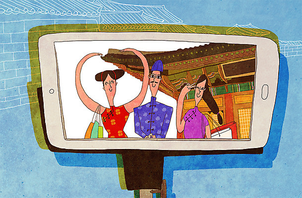 PSD 여자 남자 여행 일러스트 상반신 세명 스마트폰 쇼핑백 중국인 여행객 치파오 셀프카메라 셀카봉 유커 국내일러스트 외국인 가방 사람 동양인 핸드폰 스마트기기 사진촬영 전통의상 파일형식