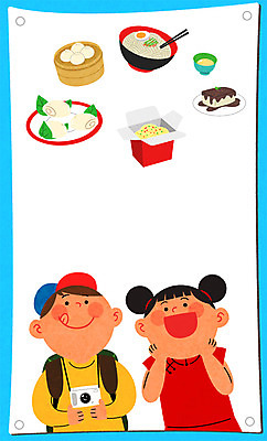 PSD 여자 남자 어린이 여행 일러스트 프레임 상반신 두명 중국인 여행객 중식 짜장면 치파오 꽃빵 유커 국내일러스트 외국인 음식 빵 사람 동양인 전통의상 파일형식