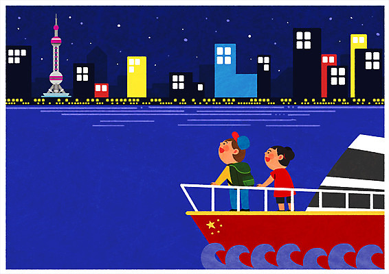PSD 여자 남자 어린이 여행 야경 일러스트 프레임 두명 강 중국인 여행객 유람선 오성홍기 상하이타워 유커 국내일러스트 외국인 배_교통 사람 동양인 중국 국기 야간 파일형식 풍경_경치