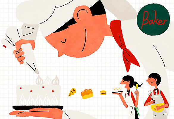 PSD 학생 여자 남자 빵 일러스트 프레임 상반신 성인 세명 케이크 제빵 제빵사 멘토링 국내일러스트 직업 교육 음식 디저트 사람 제과제빵 파일형식