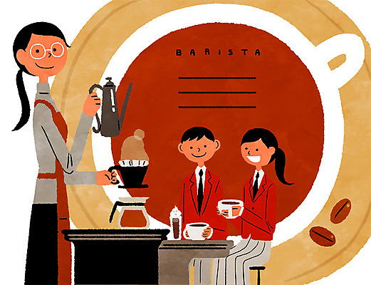 PSD 학생 여자 남자 커피 일러스트 청소년 프레임 성인 세명 원두 바리스타 드립커피 멘토링 국내일러스트 직업 교육 음료 사람 파일형식