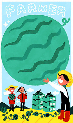 PSD 학생 여자 남자 일러스트 청소년 수박 프레임 성인 세명 농부 덩굴 멘토링 국내일러스트 식물 직업 교육 과일 사람 파일형식