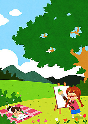 PSD 나무 구름 여자 남자 어린이라이프 어린이 일러스트 하늘 산 미술 두명 물감 붓 스케치북 돗자리 이젤 그림 크레파스 도화지 꽃동산 국내일러스트 자연요소 식물 라이프스타일 종이 문화예술 학용품 사람 미술도구 파일형식