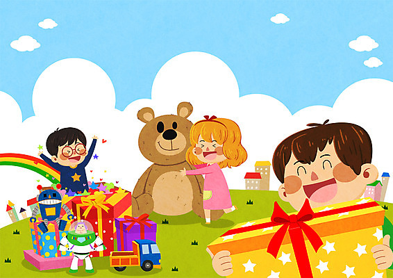 PSD 구름 여자 남자 어린이라이프 어린이 무지개 일러스트 주택 선물 사람 세명 곰인형 기쁨 장난감자동차 즐거움 장난감박스 국내일러스트 자연요소 라이프스타일 감정 인형 건물 상자 장난감 파일형식