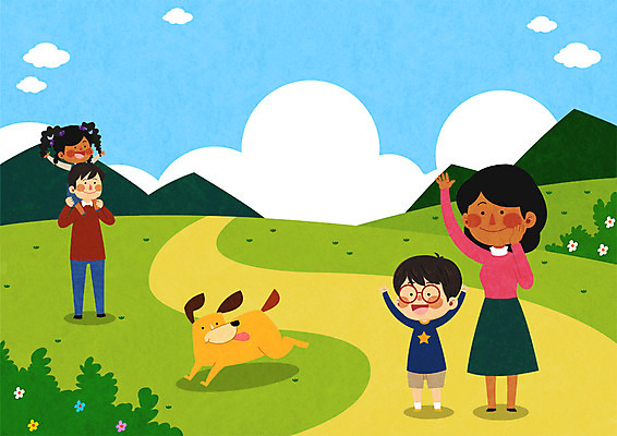 전신 PSD 구름 여자 남자 어린이라이프 어린이 흑인 일러스트 가족 엄마 산 여러명 아빠 강아지 다문화가정 꽃동산 국내일러스트 자연요소 서양인 라이프스타일 다수 관계 사람 반려동물 개 다문화 파일형식