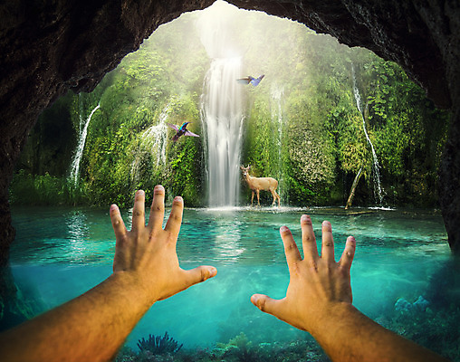 PSD 나무 편집이미지 손 조류 사슴 정보기술 스마트라이프 세마리 한명 신체부위 스마트기기 디지털 폭포 체험 동굴 손뻗기 파라다이스 가상현실 VR기기 이미지편집 식물 동물 1 라이프스타일 컨셉 포유류 모션 자연 기술 3 사람 전자제품 기계 파일형식