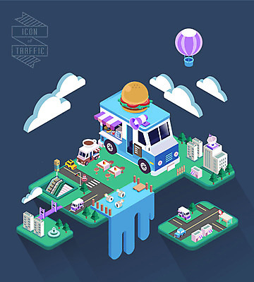 구름 백그라운드 일러스트 사람없음 건물 햄버거 열기구 입체 아이소메트릭 전철역 푸드트럭 국내일러스트 AI파일 자연요소 건축물 항공교통 패스트푸드 트럭 역 파일형식 벡터