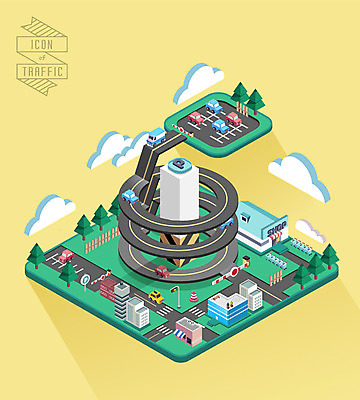 구름 도로 백그라운드 일러스트 자동차 사람없음 건물 쇼핑몰 입체 주차장 아이소메트릭 국내일러스트 AI파일 자연요소 건축물 길 육상교통 교통시설 파일형식 벡터