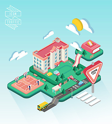 구름 백그라운드 일러스트 학교 자동차 사람없음 책 표지판 횡단보도 미끄럼틀 스쿨버스 입체 농구장 아이소메트릭 국내일러스트 AI파일 자연요소 교육 육상교통 스포츠시설 버스 알림판 보행로 놀이기구 파일형식 벡터