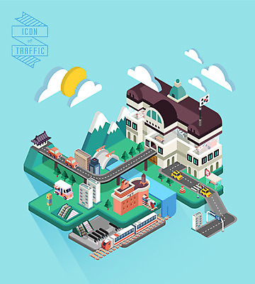 도로 백그라운드 일러스트 자동차 사람없음 건물 전철 태극기 입체 아이소메트릭 전철역 서울역 국내일러스트 AI파일 건축물 길 육상교통 교통시설 대중교통 서울 역 국기 파일형식 벡터