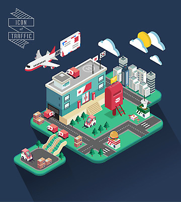 백그라운드 일러스트 비행기 사람없음 건물 우체통 우편물 입체 아이소메트릭 우체국 우체국차 우편박스 햄버거가게 국내일러스트 AI파일 건축물 항공교통 자동차 대중교통 식당 기관 파일형식 벡터