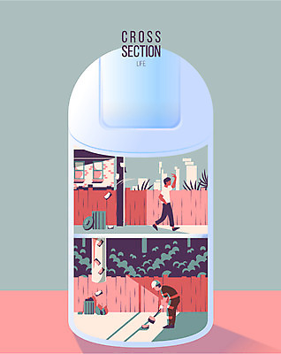 남자 일러스트 두명 쓰레기통 비교 던지기 쓰레기 단면도 미화원 크로스섹션 국내일러스트 AI파일 컨셉 모션 단면 사람 파일형식 벡터