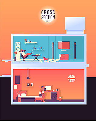 남자 일러스트 주택 두명 여름 부채 비교 더위 시원함 에어컨 단면도 크로스섹션 국내일러스트 AI파일 계절 컨셉 단면 날씨 사람 건물 가전제품 파일형식 벡터