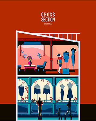옷 여자 남자 화분 일러스트 여러명 쇼핑 비교 마네킹 쇼윈도 구경 단면도 거지 부자병 크로스섹션 국내일러스트 AI파일 다수 컨셉 단면 사람 전시 파일형식 벡터