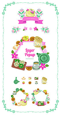 전통 꽃 리본 백그라운드 일러스트 주전자 떡 프레임 선물 사람없음 세트 라벨 케이크 심볼 약과 찜기 웹엘리먼트 국내일러스트 AI파일 식물 주방용품 디저트 전통음식 엘리먼트 파일형식 벡터