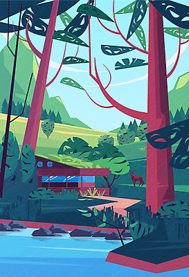 나무 건축물 일러스트 사슴 산 풍경 사람없음 건물 여름 여름풍경 연못 숲 숲길 국내일러스트 AI파일 식물 계절 건축 길 포유류 파일형식 벡터 여름_계절