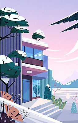 나무 건축물 겨울 일러스트 산 풍경 사람없음 건물 노을 눈 소나무 국내일러스트 AI파일 자연요소 식물 계절 건축 날씨 파일형식 벡터