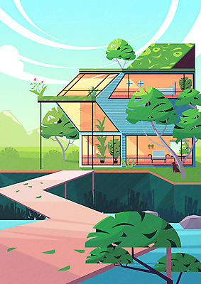 나무 건축물 일러스트 풍경 잔디 사람없음 건물 봄 돌_바위 연못 숲 가교 국내일러스트 AI파일 식물 계절 건축 파일형식 벡터