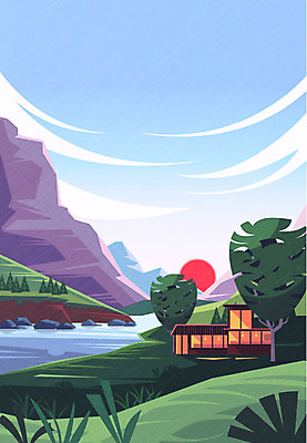 나무 건축물 일러스트 산 풍경 사람없음 건물 여름 강 태양 여름풍경 새벽 국내일러스트 AI파일 자연요소 식물 계절 건축 파일형식 벡터 여름_계절