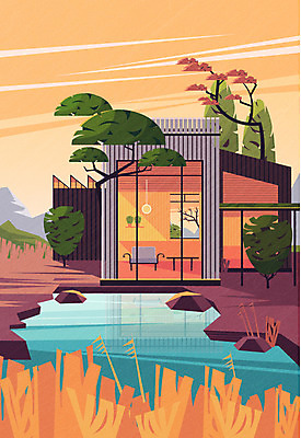 나무 건축물 단풍 일러스트 창문 산 풍경 사람없음 건물 소파 노을 돌_바위 연못 전원주택 가능 국내일러스트 AI파일 자연요소 식물 건축 잎 의자 주택 파일형식 벡터