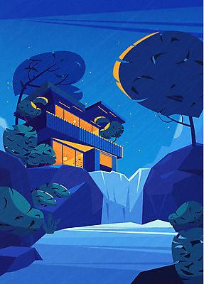 나무 건축물 별 야경 일러스트 사람없음 건물 여름 여름풍경 연못 국내일러스트 AI파일 자연요소 식물 계절 건축 풍경 야간 파일형식 벡터 여름_계절 풍경_경치