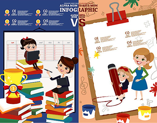 여자 어린이교육 교육 딸 어린이 일러스트 엄마 여러명 성인 책 연필 육아 비교 트로피 그림 페인트통 알파맘 베타맘 국내일러스트 AI파일 다수 컨셉 가족 학용품 통 사람 경제 필기구 페인트 상_우승 파일형식 벡터