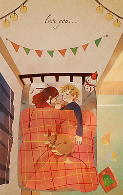 PSD 커플 여자 남자 어린이 크리스마스 겨울 일러스트 사랑 이벤트 상반신 두명 눕기 침대 잠 강아지 가랜드 국내일러스트 계절 기념일 감정 가구 관계 모션 사람 반려동물 개 파티용품 파일형식