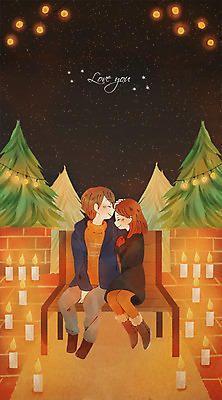 전신 PSD 커플 여자 남자 크리스마스 겨울 일러스트 초 키스 따뜻함 사랑 앉기 이벤트 성인 두명 빛 국내일러스트 계절 기념일 감정 관계 모션 사람 애정표현 파일형식