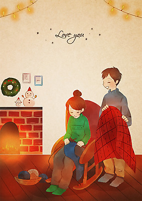 전신 PSD 커플 여자 남자 크리스마스 겨울 일러스트 사랑 서기 앉기 이벤트 성인 두명 방 뜨개질 담요 난로 벽난로 흔들의자 국내일러스트 계절 기념일 감정 의자 관계 모션 사람 취미 난방기 파일형식