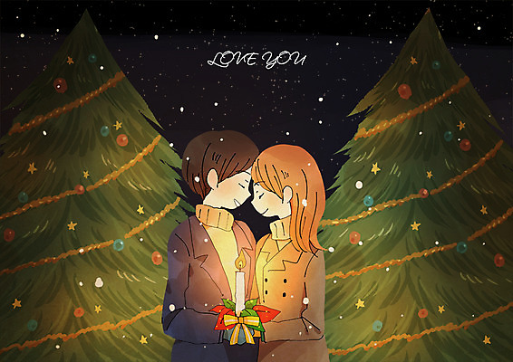 PSD 커플 남자 크리스마스 겨울 일러스트 초 촛불 밤하늘 사랑 사람 이벤트 상반신 성인 두명 크리스마스트리 국내일러스트 계절 기념일 감정 관계 하늘 야간 파일형식