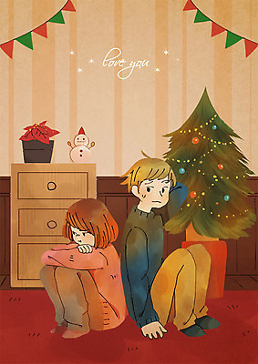 전신 PSD 커플 여자 남자 크리스마스 겨울 일러스트 사랑 앉기 이벤트 성인 두명 크리스마스트리 방 싸움 가랜드 토라짐 국내일러스트 계절 기념일 감정 컨셉 관계 모션 사람 파티용품 파일형식