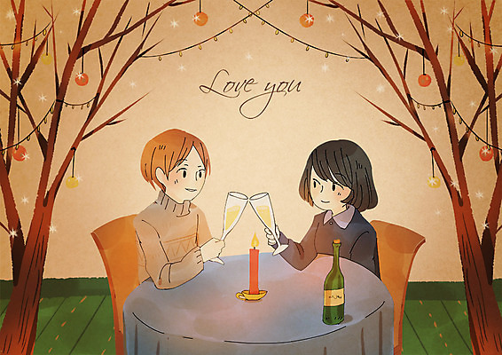 PSD 커플 여자 남자 크리스마스 겨울 일러스트 촛불 사랑 이벤트 성인 두명 저녁식사 화이트와인 국내일러스트 계절 기념일 감정 초 관계 사람 와인 식사 파일형식
