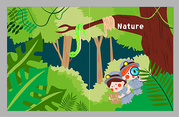 일러스트 자연 교재 소녀 소년 상반신 두명 탐험 체험학습 열대우림 국내일러스트 AI파일 여자 교육 남자 어린이 사람 체험 숲 생태계 파일형식 벡터