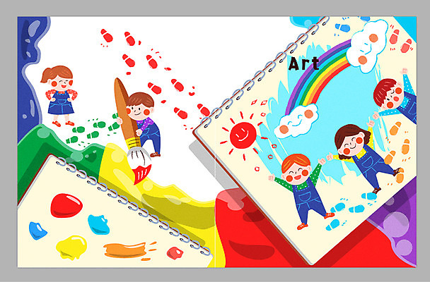 전신 구름 무지개 일러스트 교재 수채화 미술 서기 소녀 소년 여러명 태양 귀여움 물감 붓 그리기 발자국 멜빵바지 스케치북 미술교육 멜빵치마 국내일러스트 AI파일 자연요소 여자 교육 남자 어린이 다수 컨셉 바지 자국 모션 문화예술 학용품 사람 치마 미술도구 멜빵 파일형식 벡터