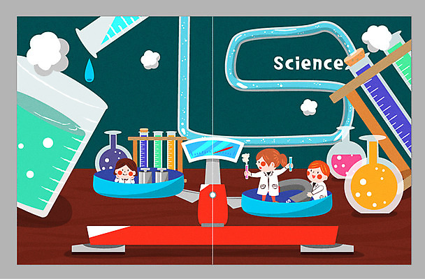과학 일러스트 교재 실험기구 실험 소녀 소년 상반신 세명 실험복 화학 실험실 비커 과학교육 양팔저울 유리관 국내일러스트 AI파일 여자 교육 남자 어린이 저울 사람 가운 파일형식 벡터
