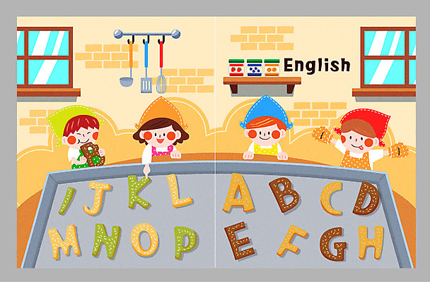 알파벳 영어 일러스트 교재 두건 영어교육 소녀 소년 여러명 상반신 쿠키 주방 앞치마 잼 먹기 국자 거품기 뒤집개 요리중 영어책 영어학원 주방장갑 영어교재 국내일러스트 AI파일 문자 여자 교육 남자 어린이 장갑 다수 모션 주방용품 디저트 사람 책 소스_음식 학원 파일형식 벡터