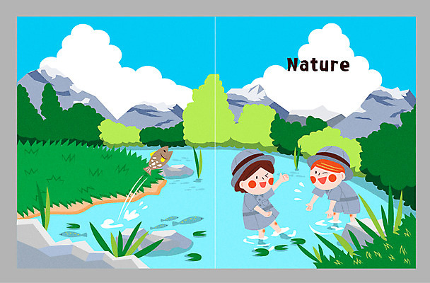 전신 구름 여러마리 일러스트 자연 물놀이 교재 산 서기 소녀 소년 초원 두명 물 강 체험학습 붕어 국내일러스트 AI파일 자연요소 여자 교육 남자 어린이 다수 모션 놀이 어류 사람 체험 생태계 파일형식 벡터