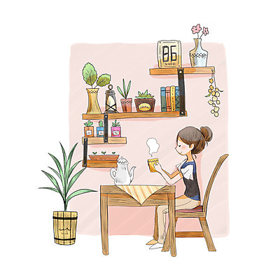 전신 PSD 식물 여자 커피 의자 일러스트 식탁 주전자 티타임 한명 앉기 성인 책 인테리어 방 벽장식 안식처 성인여자한명만 국내일러스트 1 디자인 음료 가구 모션 탁자 주방용품 휴식 사람 장식 여자한명만 성인여자만 파일형식