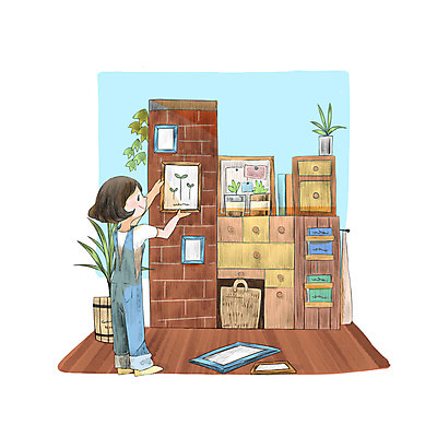 PSD 식물 여자 액자 일러스트 한명 서기 성인 장식 책 인테리어 서랍장 메모판 DIY 안식처 성인여자한명만 국내일러스트 1 디자인 가구 모션 휴식 사람 취미 여자한명만 성인여자만 파일형식