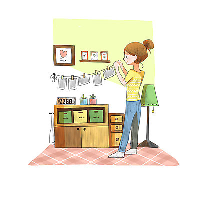 PSD 여자 액자 일러스트 조명 한명 서기 성인 인테리어 방 서랍장 폴라로이드사진 DIY 가랜드 벽장식 셀프 성인여자한명만 국내일러스트 1 디자인 가구 모션 사람 취미 장식 파티용품 폴라로이드 여자한명만 성인여자만 파일형식