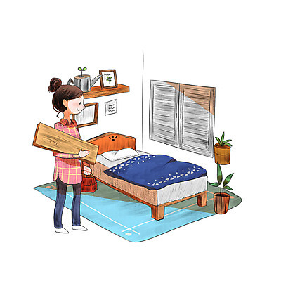 PSD 식물 여자 일러스트 한명 서기 성인 인테리어 침대 공구함 나무판자 DIY 벽장식 셀프 안식처 성인여자한명만 국내일러스트 1 디자인 가구 모션 휴식 사람 취미 목재 장식 공구 여자한명만 성인여자만 파일형식