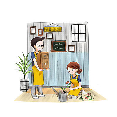 PSD 식물 여자 남자 꽃 일러스트 창문 서기 앉기 성인 두명 인테리어 꽃병 서랍장 DIY 미니칠판 벽장식 셀프 양철주전자 국내일러스트 디자인 가구 모션 사람 취미 장식 칠판 파일형식