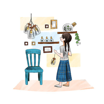 PSD 식물 여자 일러스트 전구 한명 성인 인테리어 나무의자 DIY 벽장식 셀프 안식처 성인여자한명만 국내일러스트 1 디자인 의자 휴식 사람 취미 목재 장식 여자한명만 성인여자만 파일형식