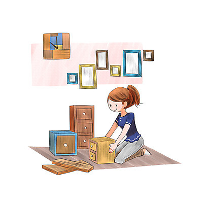 PSD 여자 시계 액자 일러스트 한명 앉기 성인 인테리어 서랍장 나무판자 DIY 셀프 안식처 성인여자한명만 국내일러스트 1 디자인 가구 모션 휴식 사람 취미 목재 여자한명만 성인여자만 파일형식